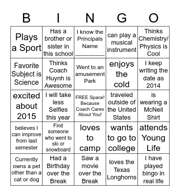 Coach Huynh's Welcome Back  Bingo Card