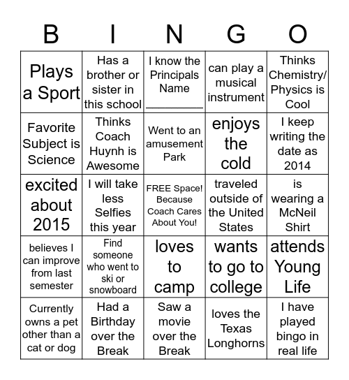 Coach Huynh's Welcome Back  Bingo Card