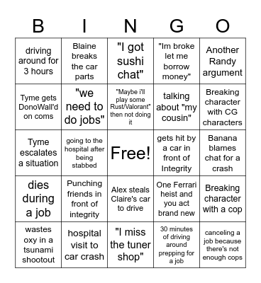 Banana GTA Bingo Card
