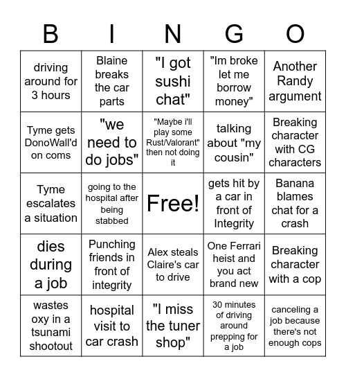 Banana GTA Bingo Card