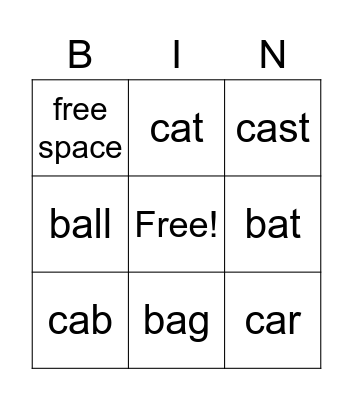 Short A words Bingo Card