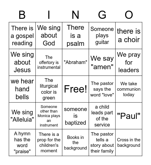 worship service Bingo Card