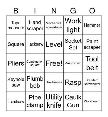 Hand Tools Name Bingo Card