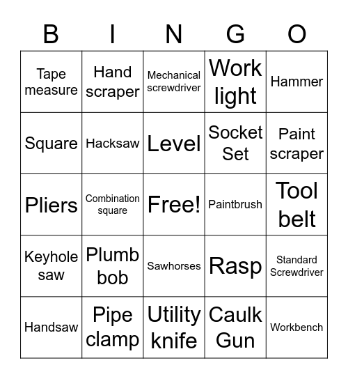 Hand Tools Name Bingo Card
