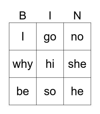 Open Vowel Bingo Card
