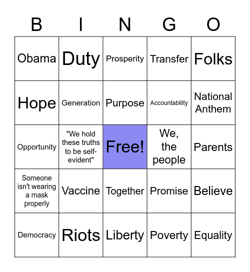 Inauguration Bingo Card
