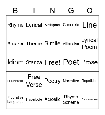 Poetry Bingo Card