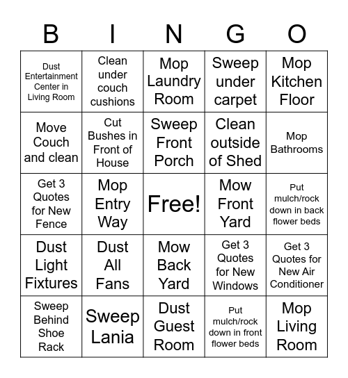 Chores/Projects Bingo Card