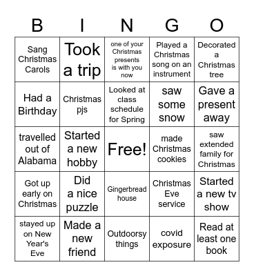 Holiday Break Bingo Card