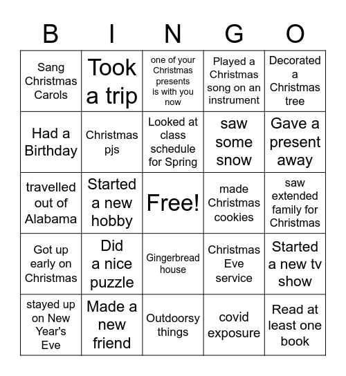 Holiday Break Bingo Card