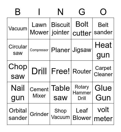 Power Tool Name Bingo Card