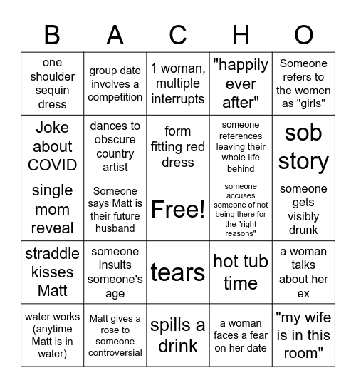 Bachelor Week 2! Bingo Card