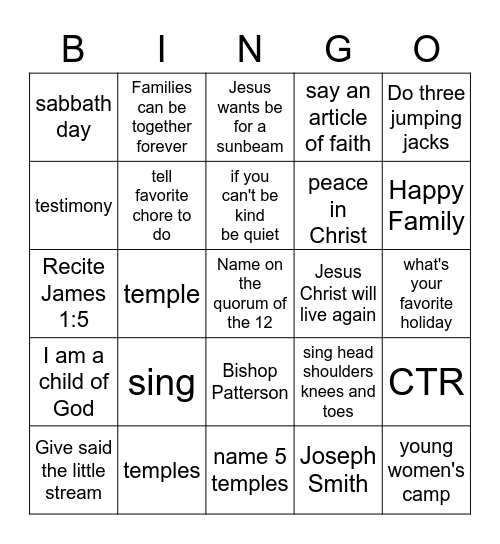 Young Women's Bingo Card