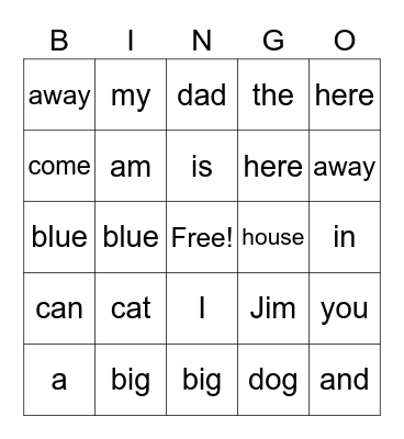 Pre- Primer Sight Word Bingo Card