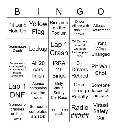 IRRA 2021 Season Bingo! Bingo Card