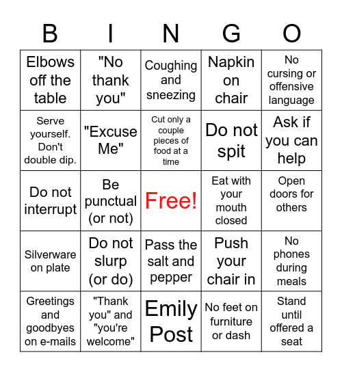 Etiquette Bingo Card