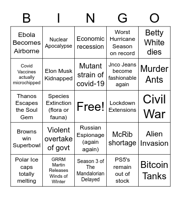 2021 Apocalypse Bingo Card