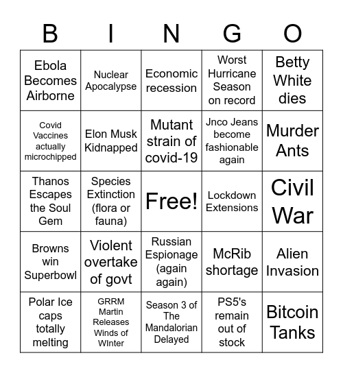 2021 Apocalypse Bingo Card