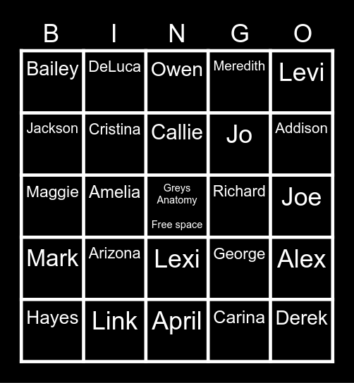 Greys Anatomy Bingo Card