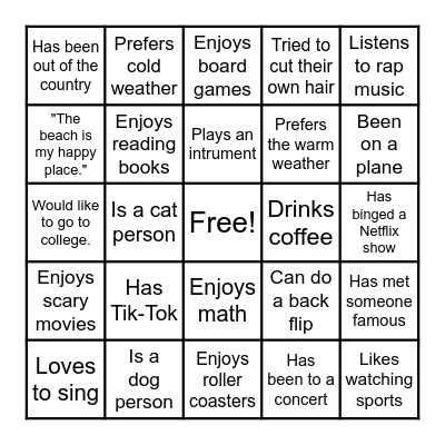 Get to Know Me! Bingo Card