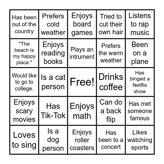 Get to Know Me! Bingo Card