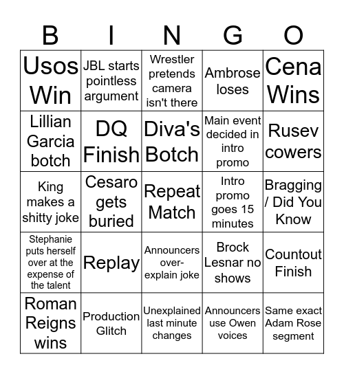 Rob Kaufman Channel Live RAW Commentary - With Authority! Bingo Card