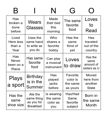 Get to know You-Find someone who Bingo Card