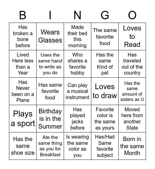 Get to know You-Find someone who Bingo Card