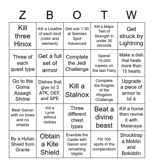 Breath of the wild Bingo Card