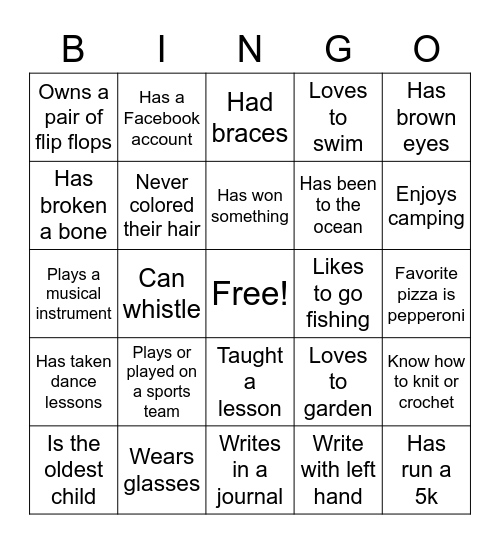 Get to Know You Bingo Card