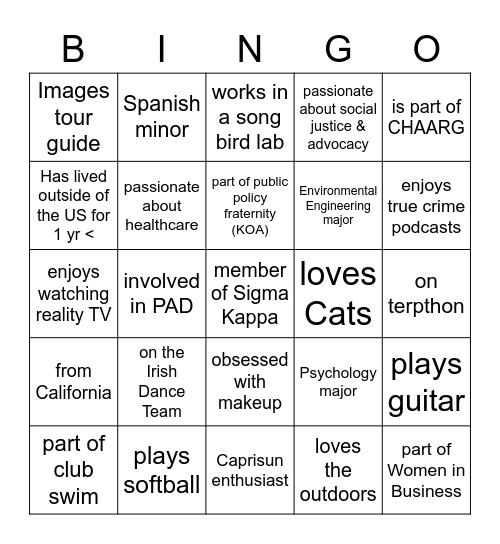 Sigma Kappa Members Bingo Card