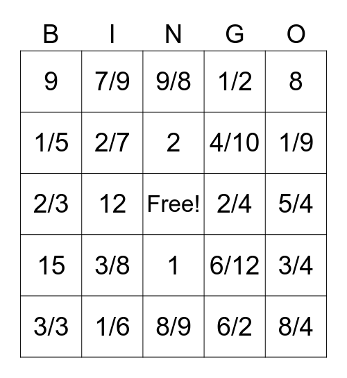 Fraction Bingo Card
