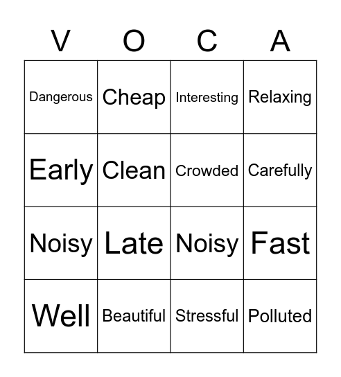 Adverbs and Adjectives Bingo Card