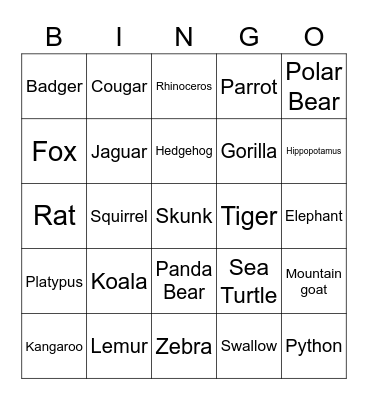 Animal Binger Bingo Card