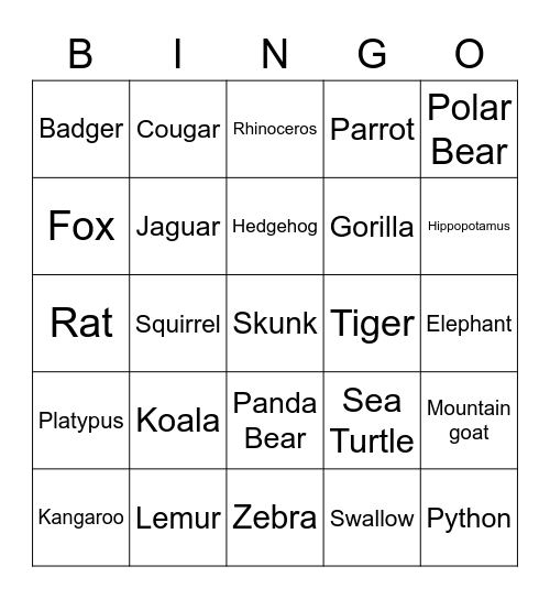 Animal Binger Bingo Card