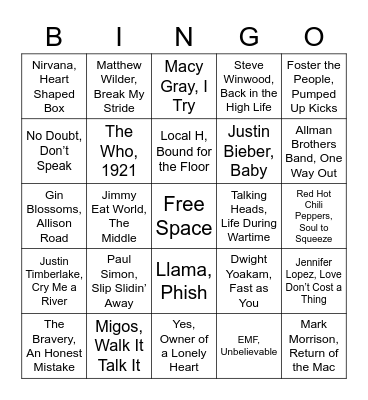 SJS Trivia Music Bingo Card
