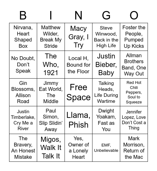 SJS Trivia Music Bingo Card