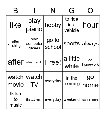 Unit 2 Listening Exercise Bingo Card