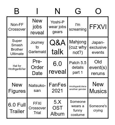 FFXIV 14-hours LIVE (6 Feb 2021) Bingo Card