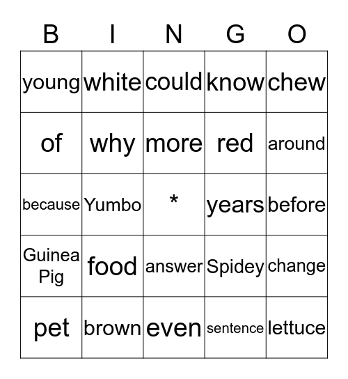 Guinea Pigs  Bingo Card