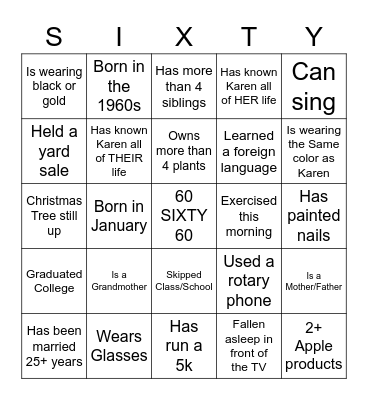 Karen's 60th Birthday Bash Bingo Card