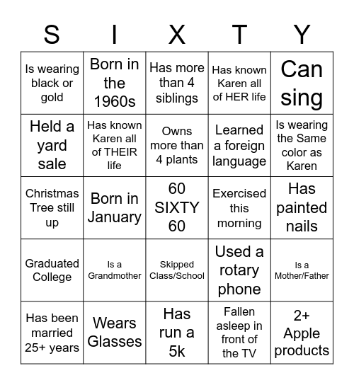 Karen's 60th Birthday Bash Bingo Card