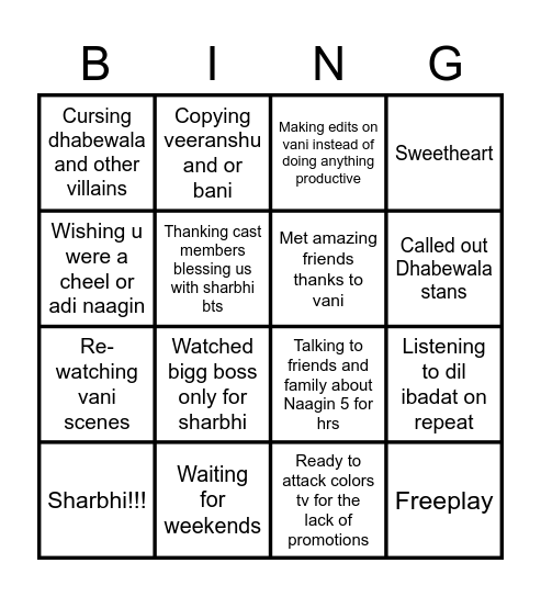 Naagin 5 Bingo Card