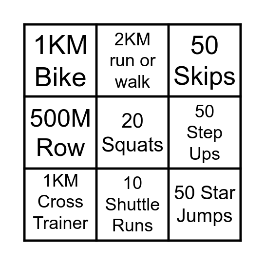 Fitness Bingo Card