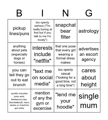 Tinder Turnoffs Bingo Card