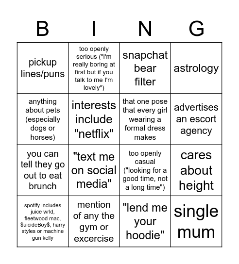 Tinder Turnoffs Bingo Card