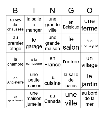 Où habites-tu? Bingo Card