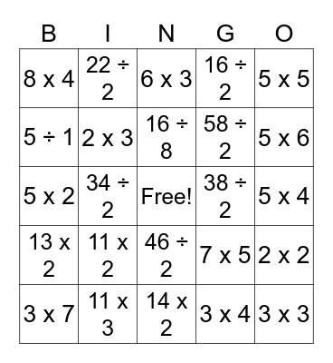 Multiplication & Division Bingo Card