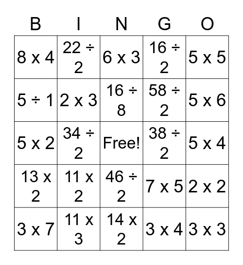 Multiplication & Division Bingo Card