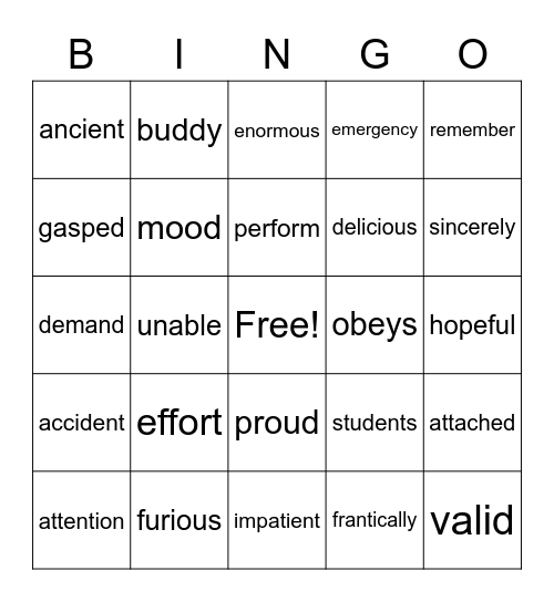 Unit 3 Vocabulary Bingo Card